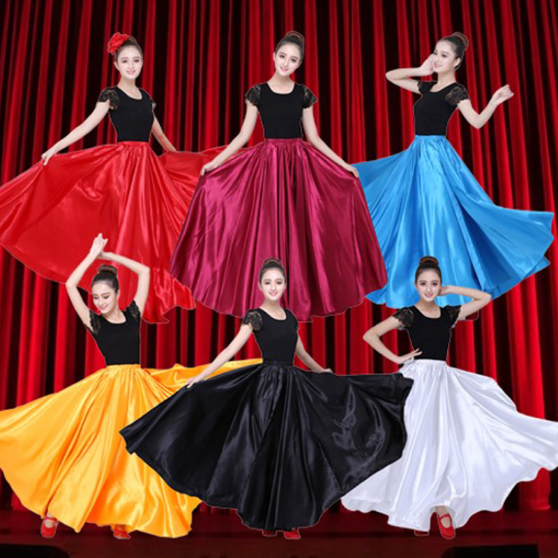 여자의 스페인어 플라멩코 스커트 새틴 부드러운 10 색 플러스 사이즈 여자의 집시 스타일 스커트 성능 밸리 댄스 의상